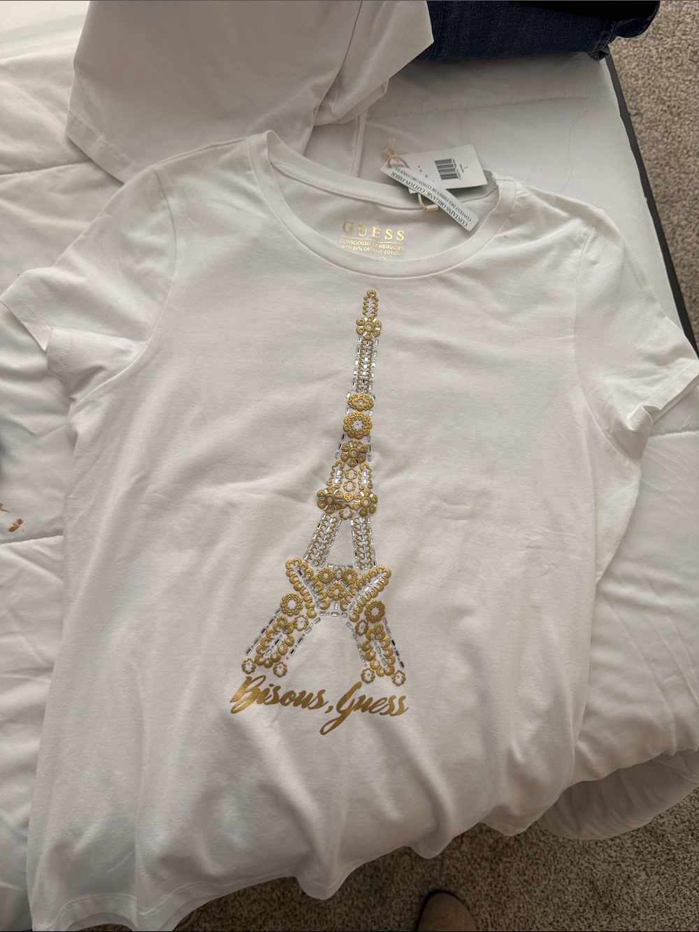GUESS White Short-Sleeve Tee with Gold & Silver Eiffel Tower Design